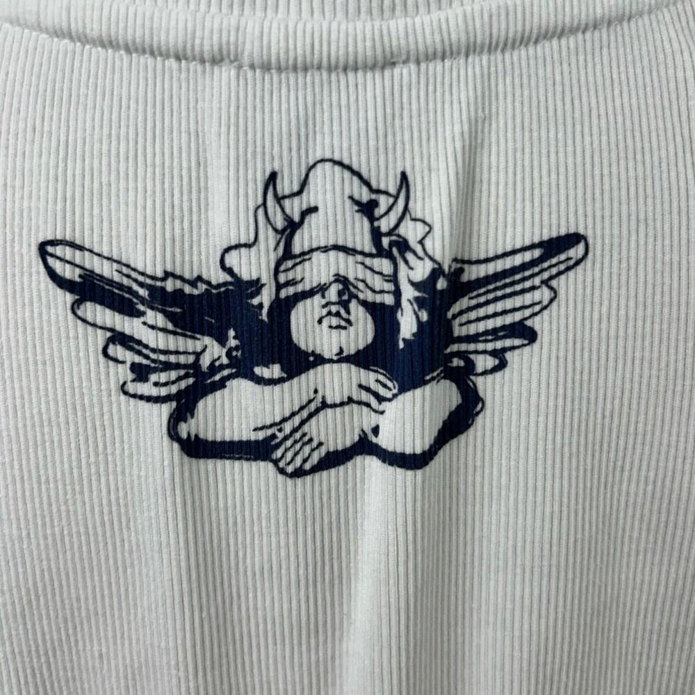 Boys Lie White Ribbed Crop Top Cherub Rose Graphic Baby Tee Womens M Y2K - Picture 6 of 7